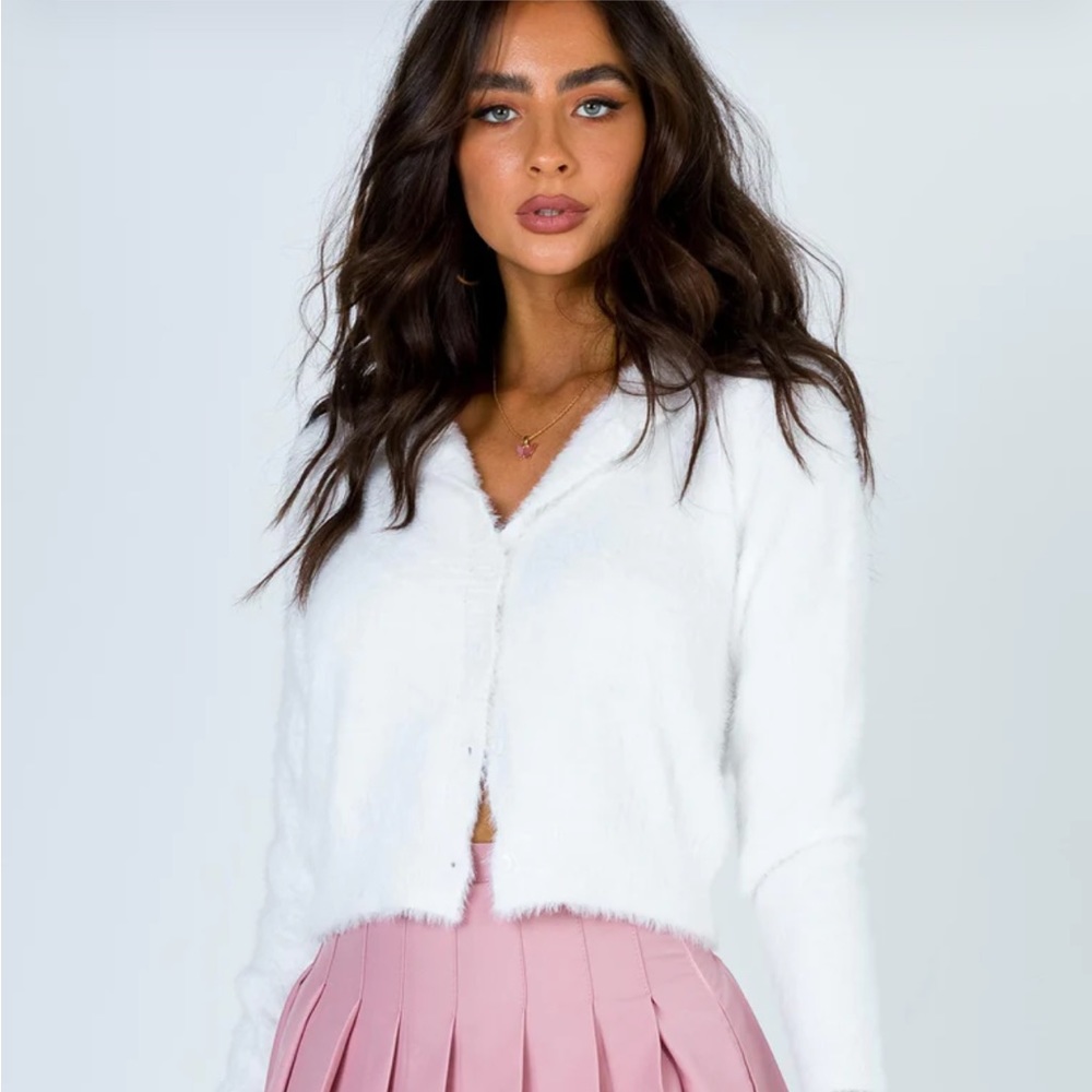 Princess Polly Felice Cropped Cardigan in White Fuzzy Sweater size small